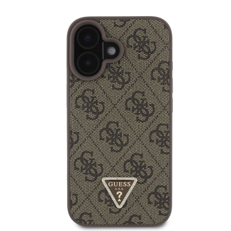 Guess PU 4G Strass Triangle Metal Logo Case + Crossbody Strap for iPhone 16 / Brown