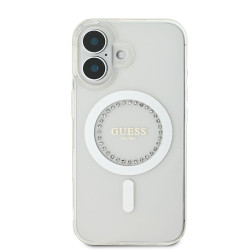 Guess IML Rhinestones Ring MagSafe Case for iPhone 16 / White