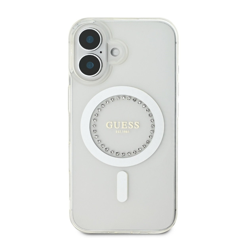 Guess IML Rhinestones Ring MagSafe Case for iPhone 16 / White
