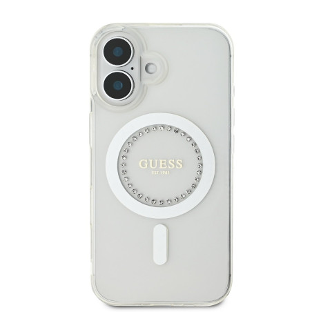 Guess IML Rhinestones Ring MagSafe Case for iPhone 16 / White