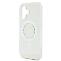 Guess IML Rhinestones Ring MagSafe Case for iPhone 16 / White