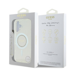 Guess IML Rhinestones Ring MagSafe Case for iPhone 16 / White