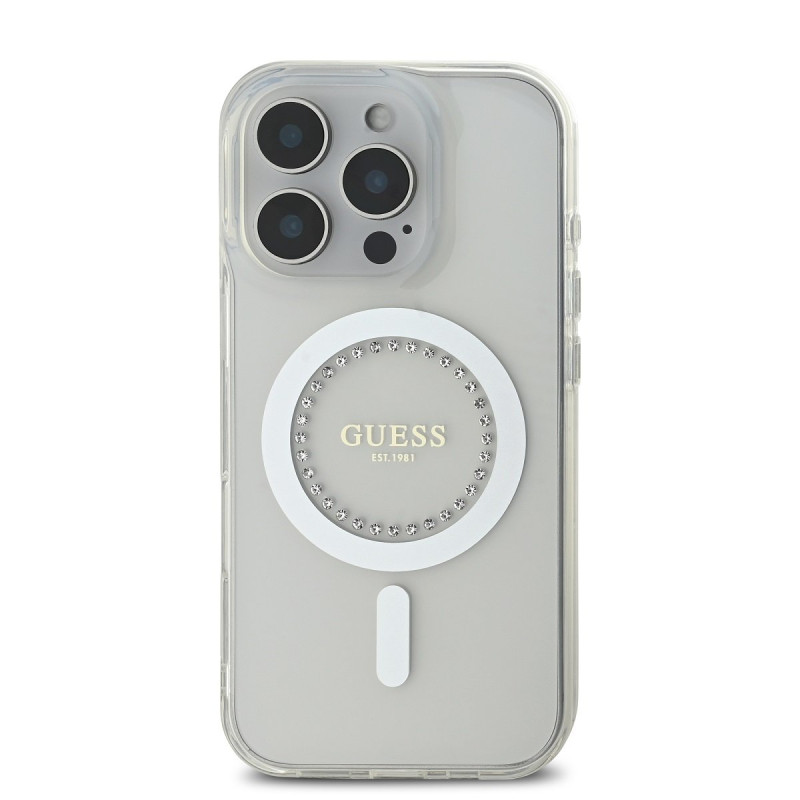 Guess IML Rhinestones Ring MagSafe Case for iPhone 16 Pro / White