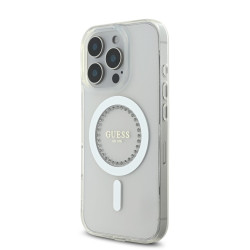 Guess IML Rhinestones Ring MagSafe Case for iPhone 16 Pro / White