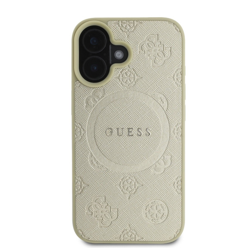 Guess Saffiano Peony Stamp MagSafe Case for iPhone 16 / Gold