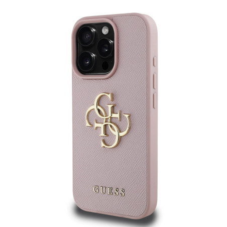 Guess PU Grained 4G Metal Logo Case for iPhone 15 Pro / Pink