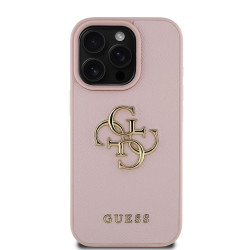 Guess PU Grained 4G Metal Logo Case for iPhone 15 Pro / Pink