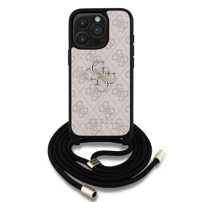 Guess PU 4G Metal Logo Crossbody Strap Case for iPhone 15 Pro Max / Pink
