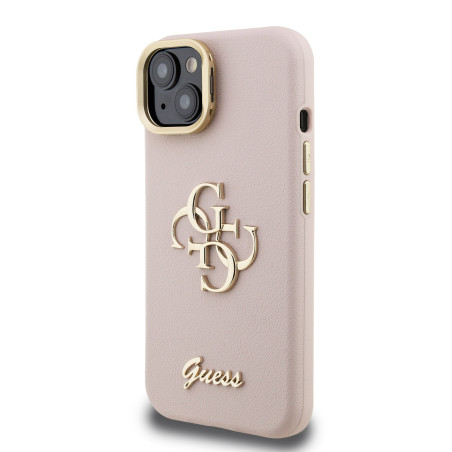 Guess PU Grained 4G Logo Stand Camera Frame Case for iPhone 15 / Pink