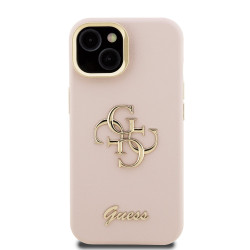 Guess PU Grained 4G Logo Stand Camera Frame Case for iPhone 15 / Pink
