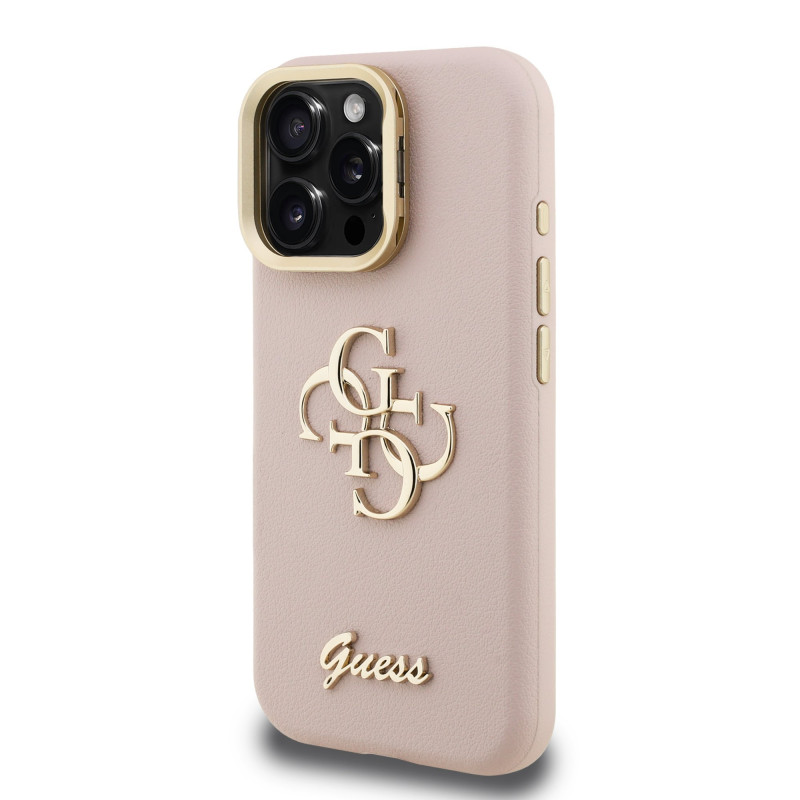 Guess PU Grained 4G Logo Stand Camera Frame Case for iPhone 15 Pro / Pink