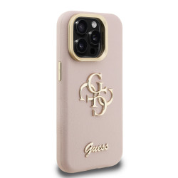 Guess PU Grained 4G Logo Stand Camera Frame Case for iPhone 15 Pro / Pink