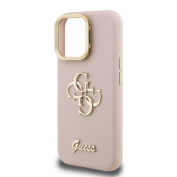 Guess PU Grained 4G Logo Stand Camera Frame Case for iPhone 15 Pro / Pink
