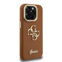 Guess PU Grained 4G Logo Stand Camera Frame Case for iPhone 15 Pro / Brown