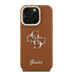 Guess PU Grained 4G Logo Stand Camera Frame Case for iPhone 15 Pro Max / Brown