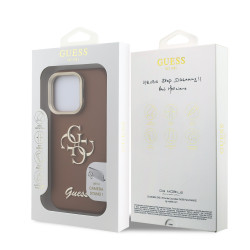 Guess PU Grained 4G Logo Stand Camera Frame Case for iPhone 15 Pro Max / Brown
