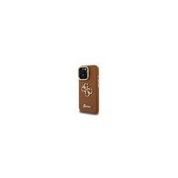 Guess PU Grained 4G Logo Stand Camera Frame Case for iPhone 15 Pro Max / Brown