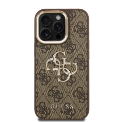Guess PU 4G Metal Logo Stand Camera Frame Case for iPhone 15 Pro / Brown