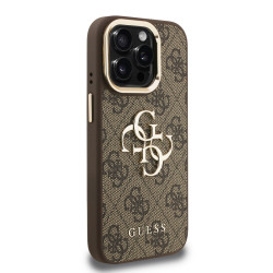 Guess PU 4G Metal Logo Stand Camera Frame Case for iPhone 15 Pro / Brown