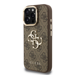 Guess PU 4G Metal Logo Stand Camera Frame Case for iPhone 15 Pro Max / Brown