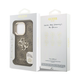 Guess PU 4G Metal Logo Stand Camera Frame Case for iPhone 15 Pro Max / Brown