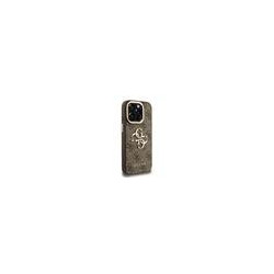 Guess PU 4G Metal Logo Stand Camera Frame Case for iPhone 15 Pro Max / Brown