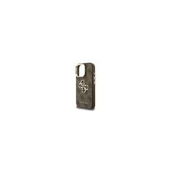 Guess PU 4G Metal Logo Stand Camera Frame Case for iPhone 15 Pro Max / Brown
