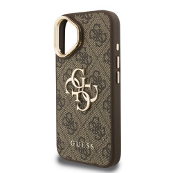 Guess PU 4G Metal Logo Stand Camera Frame Case for iPhone 16 / Brown