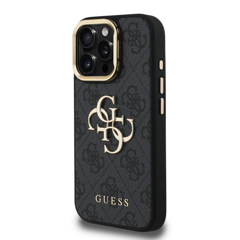 Guess PU 4G Metal Logo Stand Camera Frame Case for iPhone 15 Pro / Black