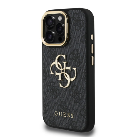 Guess PU 4G Metal Logo Stand Camera Frame Case for iPhone 15 Pro / Black