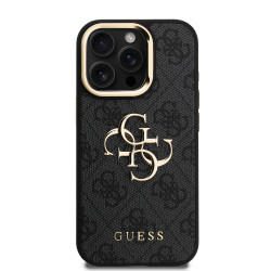 Guess PU 4G Metal Logo Stand Camera Frame Case for iPhone 15 Pro / Black