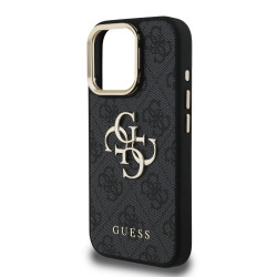 Guess PU 4G Metal Logo Stand Camera Frame Case for iPhone 15 Pro / Black