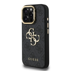 Guess PU 4G Metal Logo Stand Camera Frame Case for iPhone 15 Pro Max / Black