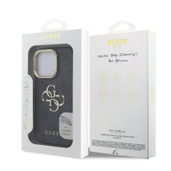 Guess PU 4G Metal Logo Stand Camera Frame Case for iPhone 15 Pro Max / Black
