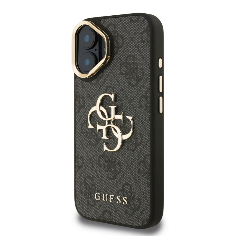 Guess PU 4G Metal Logo Stand Camera Frame Case for iPhone 16 / Black