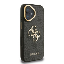 Guess PU 4G Metal Logo Stand Camera Frame Case for iPhone 16 / Black