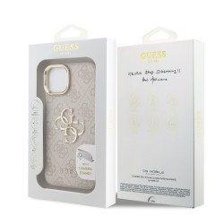Guess PU 4G Metal Logo Stand Camera Frame Case for iPhone 15 / Pink