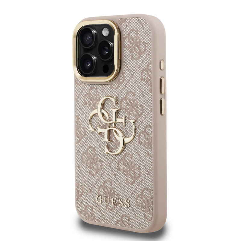 Guess PU 4G Metal Logo Stand Camera Frame Case for iPhone 15 Pro / Pink