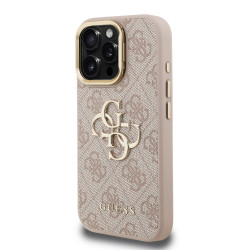 Guess PU 4G Metal Logo Stand Camera Frame Case for iPhone 15 Pro Max / Pink