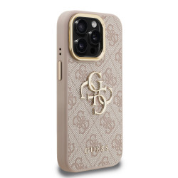 Guess PU 4G Metal Logo Stand Camera Frame Case for iPhone 15 Pro Max / Pink