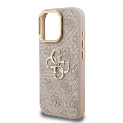 Guess PU 4G Metal Logo Stand Camera Frame Case for iPhone 16 Pro / Pink