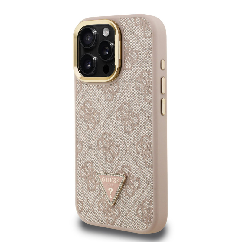 Guess PU 4G Strass Triangle Logo Stand Camera Frame MagSafe Case for iPhone 15 Pro Max / Pink