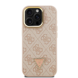 Guess PU 4G Strass Triangle Logo Stand Camera Frame MagSafe Case for iPhone 15 Pro Max / Pink