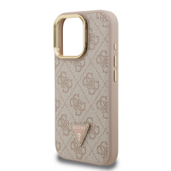 Guess PU 4G Strass Triangle Logo Stand Camera Frame MagSafe Case for iPhone 15 Pro Max / Pink