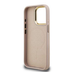 Guess PU 4G Strass Triangle Logo Stand Camera Frame MagSafe Case for iPhone 15 Pro Max / Pink