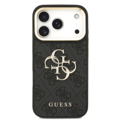 Guess PU Leather 4G Metal Logo Gold Frame Case for iPhone 17 Pro / Black