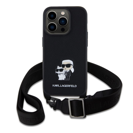 Karl Lagerfeld Saffiano Karl and Choupette Crossbody Case with Metal Strap for iPhone 15 Pro / black