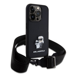 Karl Lagerfeld Saffiano Karl and Choupette Crossbody Case with Metal Strap for iPhone 15 Pro / black