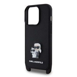 Karl Lagerfeld Saffiano Karl and Choupette Crossbody Case with Metal Strap for iPhone 15 Pro / black