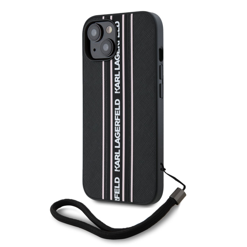 Karl Lagerfeld PU Saffiano Athleisure Stripe and Strap Case for iPhone 15 / pink